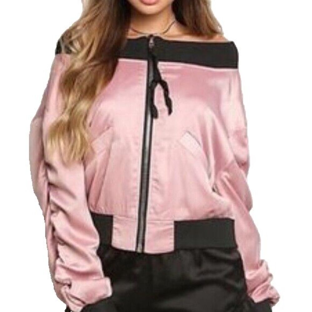 Alpha & Omega Interstellar Bomber Jacket Women Small Pink Satin Off Shoulder - Picture 3 of 16